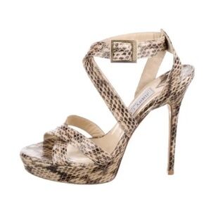 Jimmy Choo “Vamp” Snake-Print Leather Strappy Platform Slingback Heels – Size 37